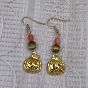 Handcrafted Gold Tone Pumpkin Dangle Earrings for Halloween, Handmade Jewelry